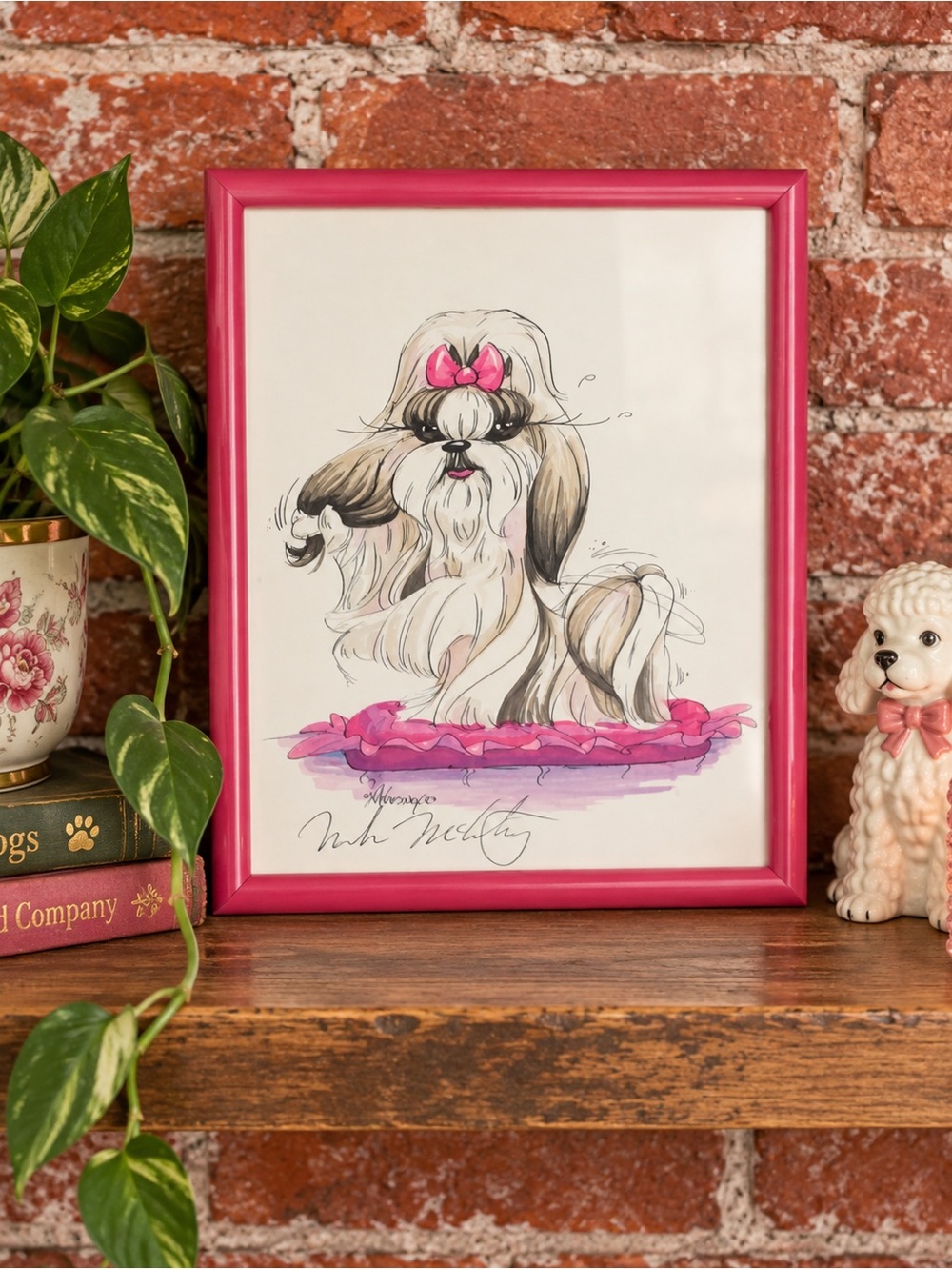 Vintage Y2K Signed Mike McCarthy Shih tzu Dog Illustration in Hot Pink Frame